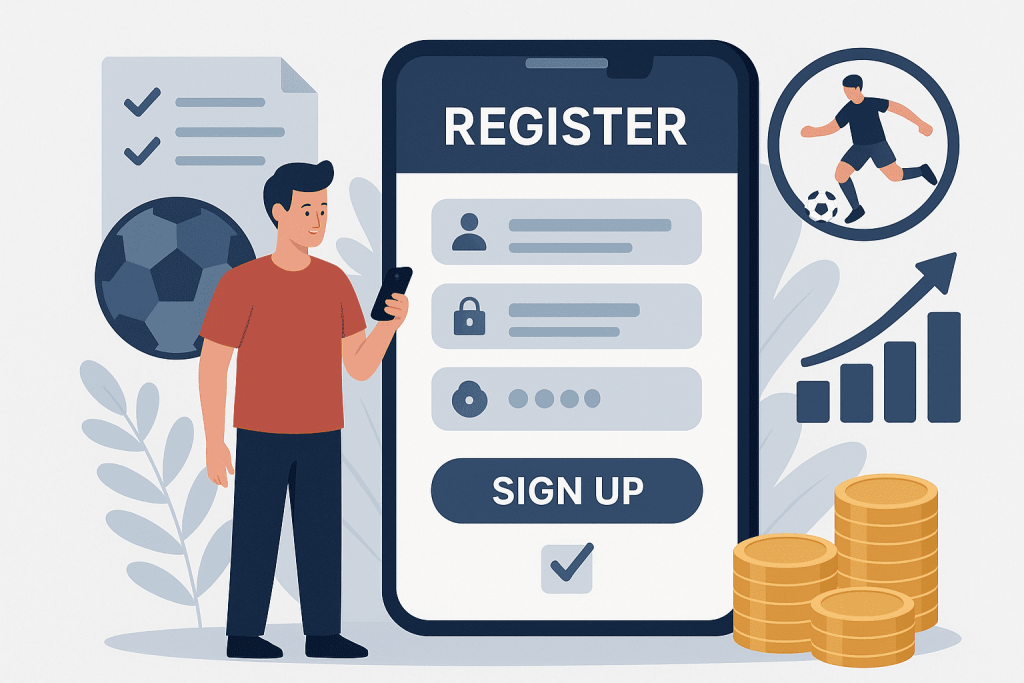 Sportfogadási regisztráció illusztráció telefonnal és bejelentkezési űrlappal